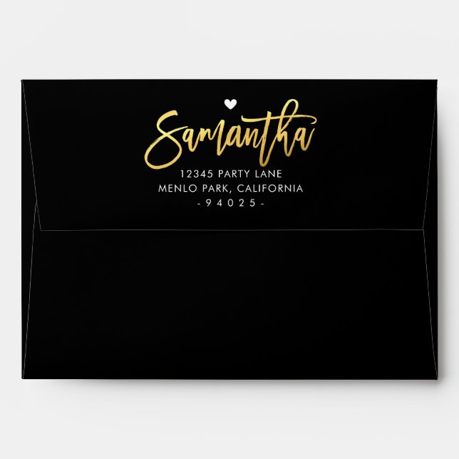 RETURN ADDRESS black faux shiny gold white hearts Envelope (Back (Top Flap))