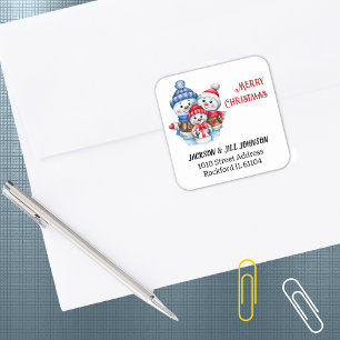 Return Address Blue Red Snowman Family Square Sticker