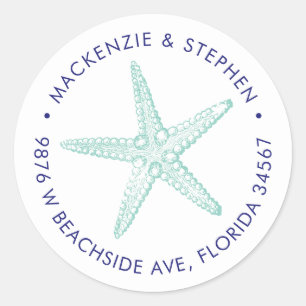 Return Address Blue Teal Starfish Beach Wedding Classic Round Sticker