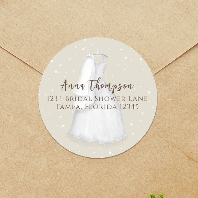 Return Address Bridal Shower Dress Custom Classic Round Sticker (Calligraphy script circle return address envelope. )