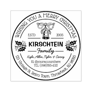 Return Address Christmas Family Bell Holly Berries Rubber Stamp