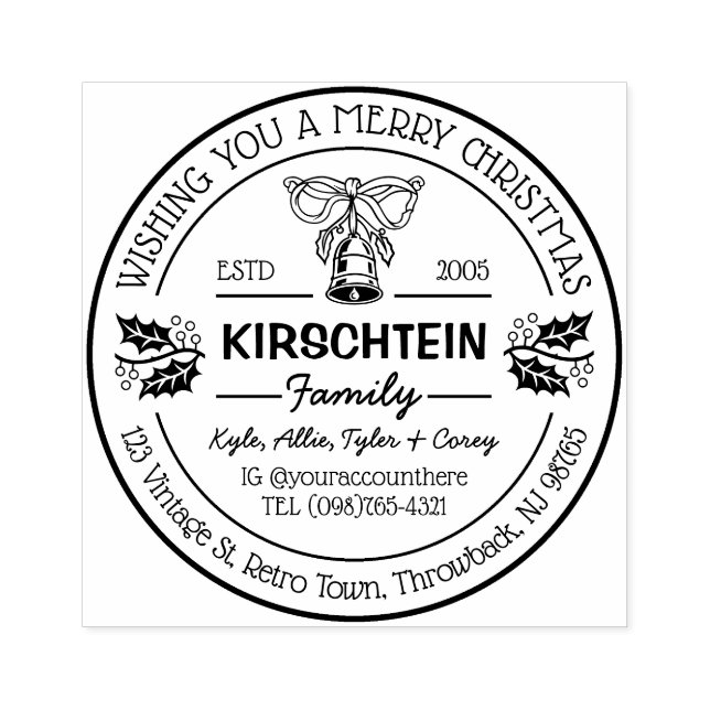 Return Address Christmas Family Bell Holly Berries Rubber Stamp (Imprint)