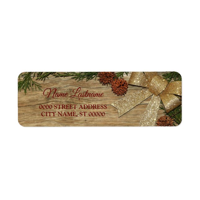 Return Address Christmas Gold Green Leaves Wooden (Front)