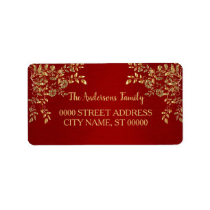 Return Address Christmas Golden Leaves Red Holiday Label