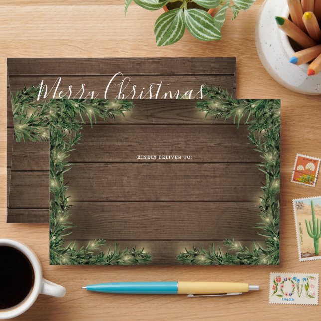 Return Address Christmas Greenery, Wood & Lights Envelope (Desk)