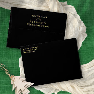 Return Address Deck The Halls Gold Black Christmas Envelope