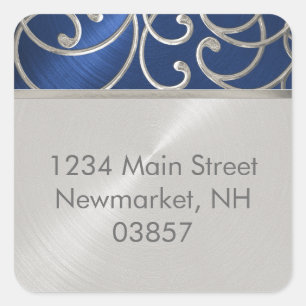 Return Address Elegant Blue and Silver Filigree Square Sticker