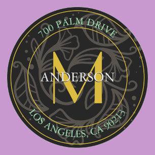 Return Address, Gold Monogram, Graphic Floral Classic Round Sticker