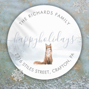 Return Address Happy Holidays Winter Fox Classic Round Sticker