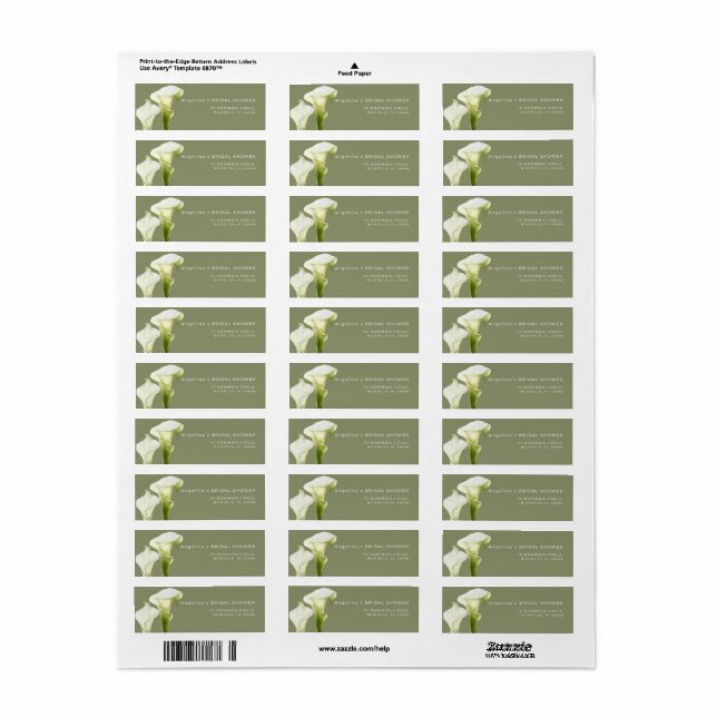 Return Address Label Calla Lilies bridal shower. (Full Sheet)