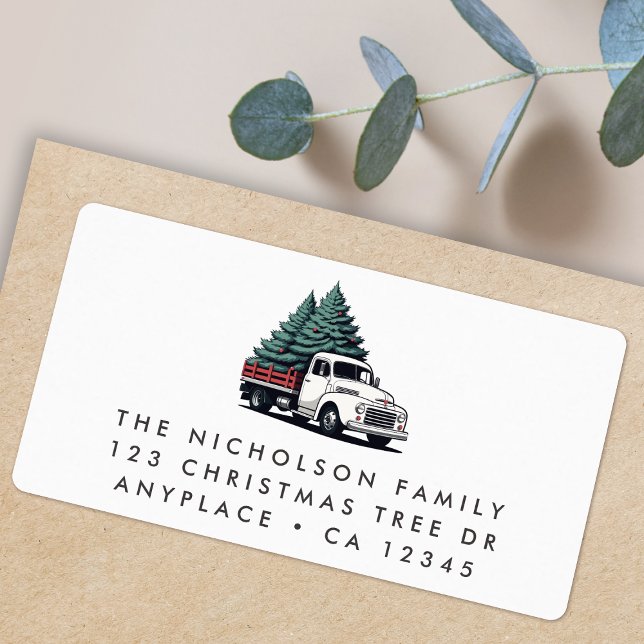 Return Address Label | Christmas Tree Truck White (Retro vintage Christmas tree delivery truck address labels for Holiday card mail & festive parcels)