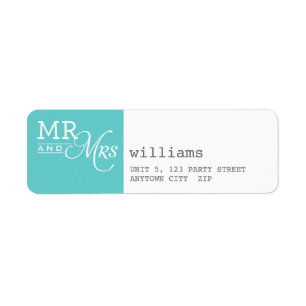 RETURN ADDRESS LABEL mr & mrs typography aqua grey