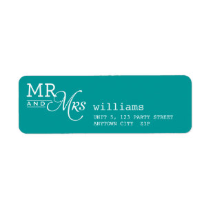 RETURN ADDRESS LABEL mr & mrs typography teal blue