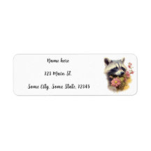 Return Address Label - Racoon Holding Wildflowers