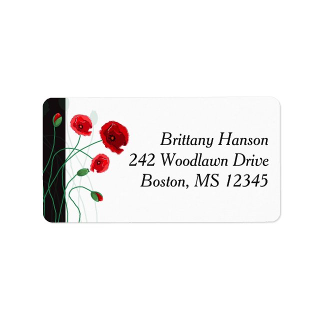 Return Address Label | Red Poppies | Black, Green (Front)