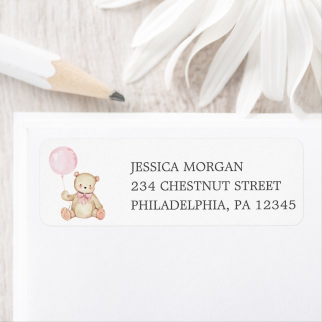 Return Address Label Teddy Bear Pink Girl (Insitu)
