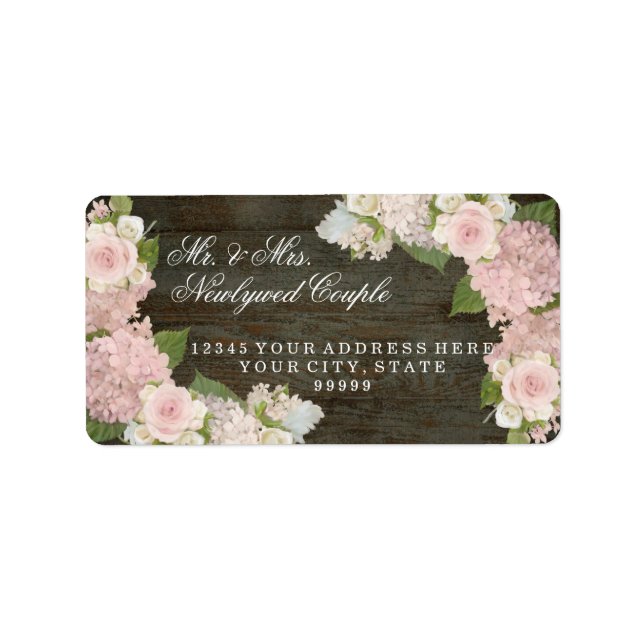 Return Address Large Dark Wooden Pink Hydrangeas Label (Front)