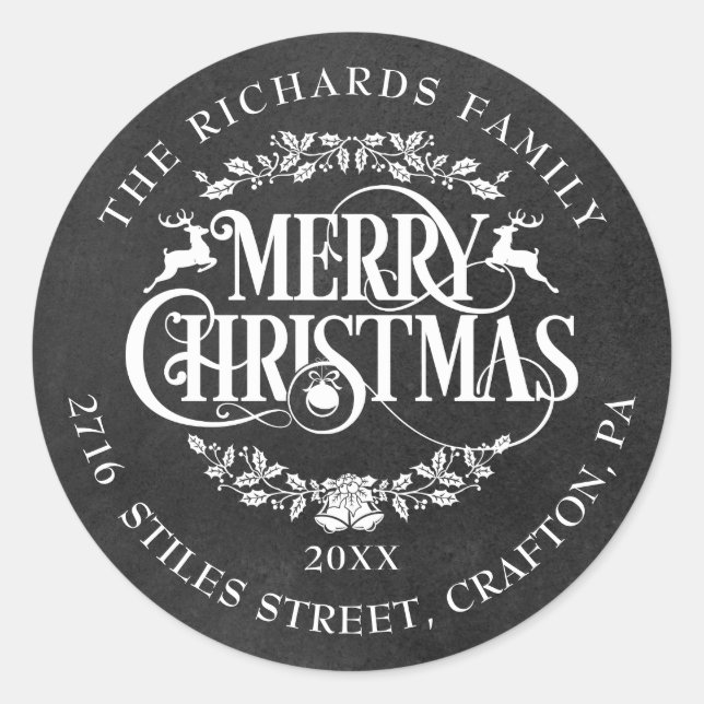 Return Address Merry Christmas Boho Chalkboard Classic Round Sticker (Front)