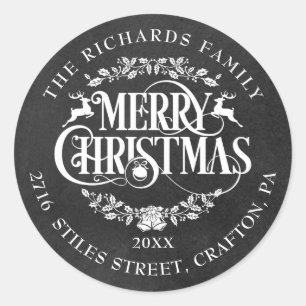 Return Address Merry Christmas Boho Chalkboard Classic Round Sticker