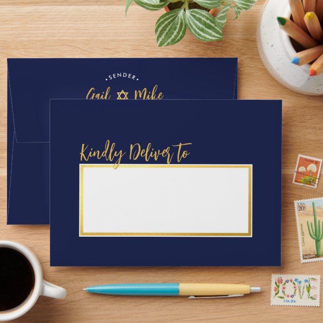 RETURN ADDRESS modern stylish navy blue gold Envelope (Desk)