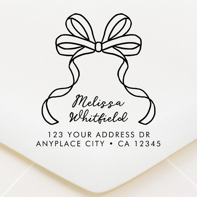 Return Address Rubber Stamp | Coquette Ribbon Bow (A feminine return address stamp with pretty coquette ribbon bow line art design.)
