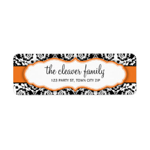 RETURN ADDRESS stylish damask black bright orange
