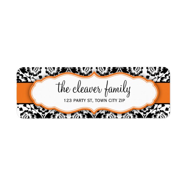 RETURN ADDRESS stylish damask black bright orange (Front)