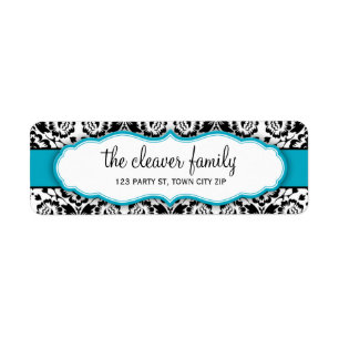 RETURN ADDRESS stylish damask black turquoise blue