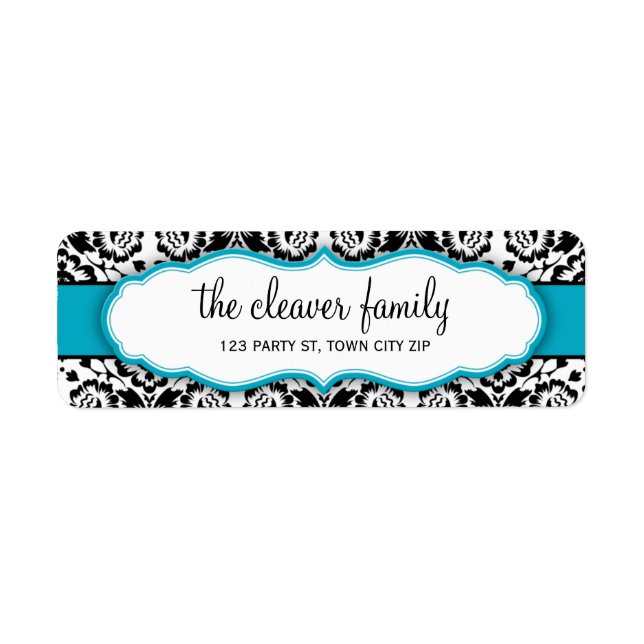 RETURN ADDRESS stylish damask black turquoise blue (Front)