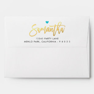 RETURN ADDRESS turquoise blue gold script name Envelope