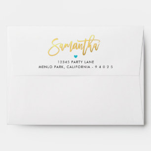 RETURN ADDRESS turquoise blue gold script SAMANTHA Envelope