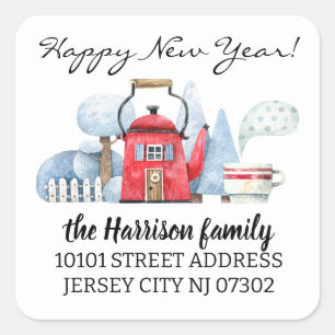 Return Address Watercolor Christmas Holiday House  Square Sticker