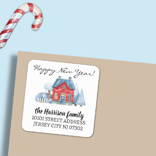 Return Address Watercolor Christmas Holiday House  Square Sticker