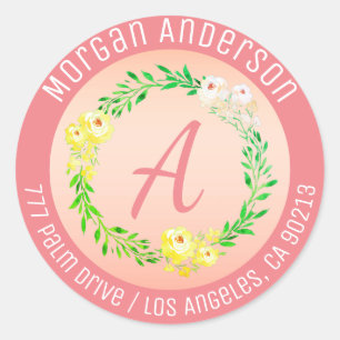 Return Address, Watercolor Flowers, Coral Script Classic Round Sticker