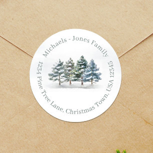 Return Address Watercolor Pine Tree Custom Classic Round Sticker