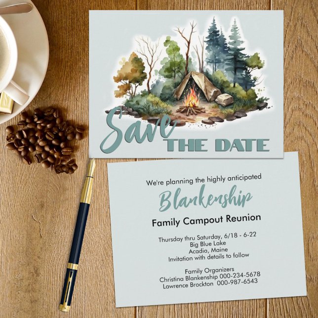 Reunion Celebration Watercolor Tent Announcement  (This easy to personalize family reunion save the date announcement also serves as the invitation. )