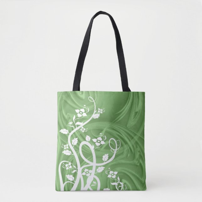 Reusable Eco Friendly Flourishes Curls Over Green Tote Bag (Front)