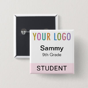Reusable Student Name Tag Button School Logo Pink