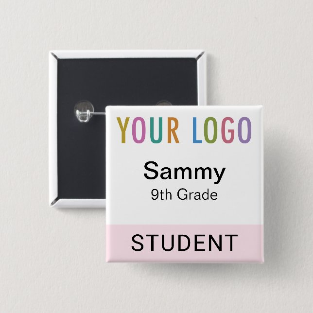 Reusable Student Name Tag Button School Logo Pink (Front & Back)