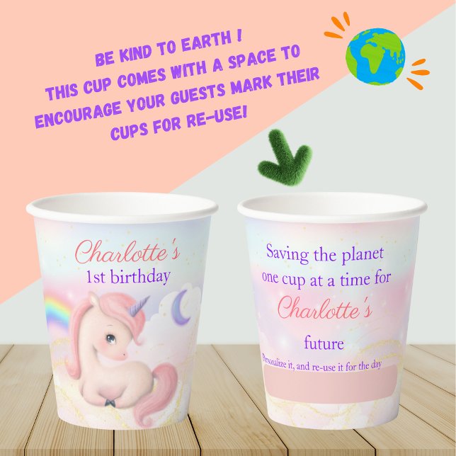 Reusable Sustainable Sweet Pink Unicorn Rainbow Paper Cups (Creator Uploaded)