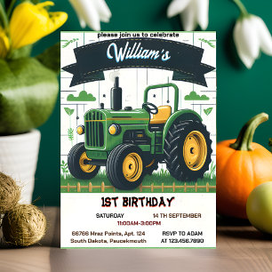 Rev kids retro boy cool tractor first 1st birthday invitation
