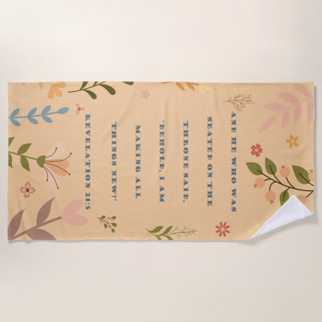 Revelation 21:5, Apricot Floral Christian Beach Towel (Front)