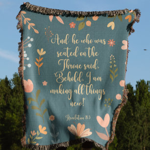 Revelation 21:5, Teal Floral Christian Throw Blanket