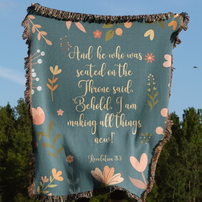 Revelation 21:5, Teal Floral Christian Throw Blanket (Creator Uploaded)
