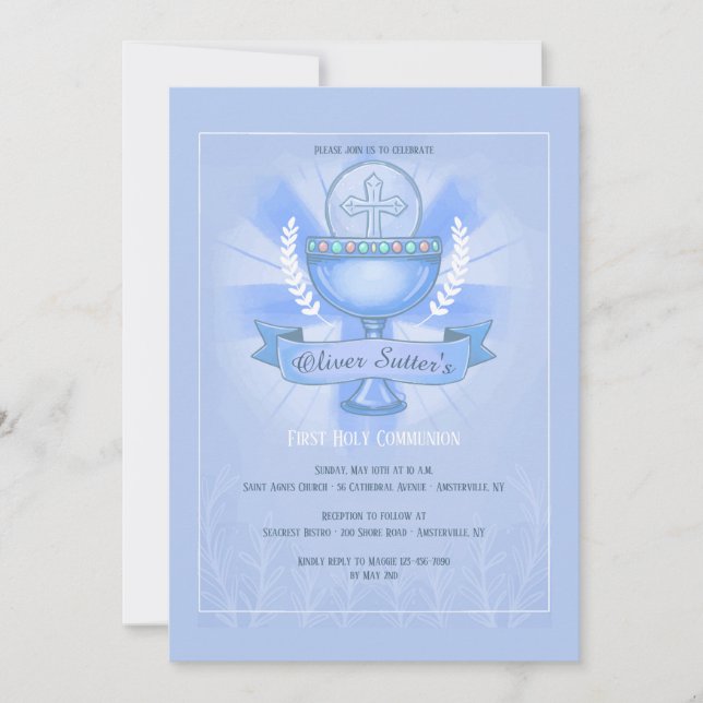 Revered Chalice First Holy Communion Blue Invitation (Front)