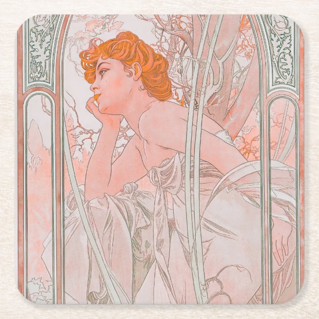 Reverie du Soir (1899) by Alphonse Mucha  Square Paper Coaster (Front)