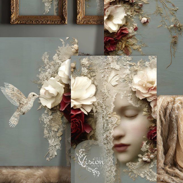 Reverie in Bloom Triptych Heavyweight Decoupage Wrapping Paper Sheet (Close up of a woman in flowers & lace, with burgundy, beige and sage green blue colours)