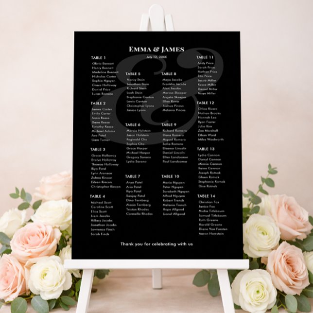 REVERSE Black Ampersand Wedding | 14 Seat Chart (Minimalist black wedding seating chart for 14 with white text and modern ampersand layout.)