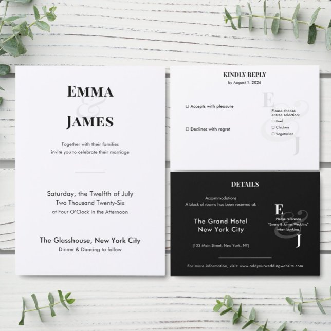REVERSE Black Ampersand Wedding | Hotel | QR Code Enclosure Card (Reverse black details card with crisp minimalist typography for bold event info.)