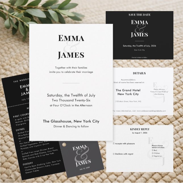 Reverse Black Ampersand Wedding | Save the Date (Horizontal reverse black save the date with crisp minimalist type for a bold, modern look.)
